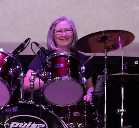 Myra Waldrop behind her drum kit